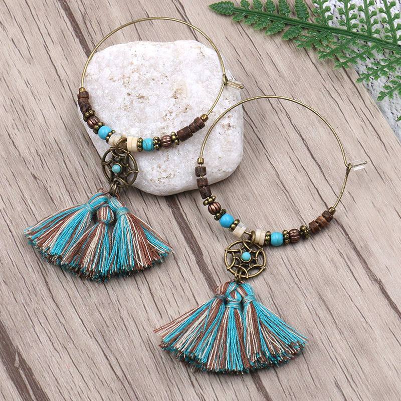 Tassel Earrings Boho - Bohemian Dreamcatcher Cotton Tassel Pendant Hoop
