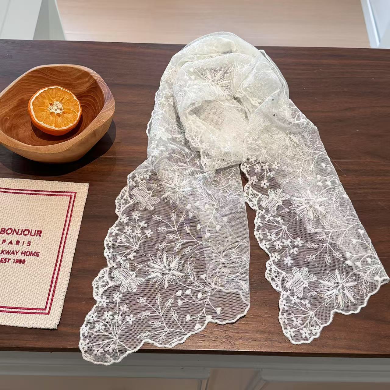 Women'S Korean Accessories - Elegant Pearl Lace Long Scarf for
